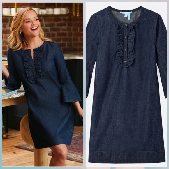 Draper James Chambray Ruffle Denim Shift Dress - Picture 2 of 6